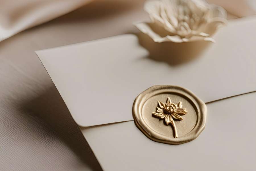 Une enveloppe beige fermée par un sceau de cire dorée en forme de fleur, idéale pour l'envoi des faire-part de mariage.